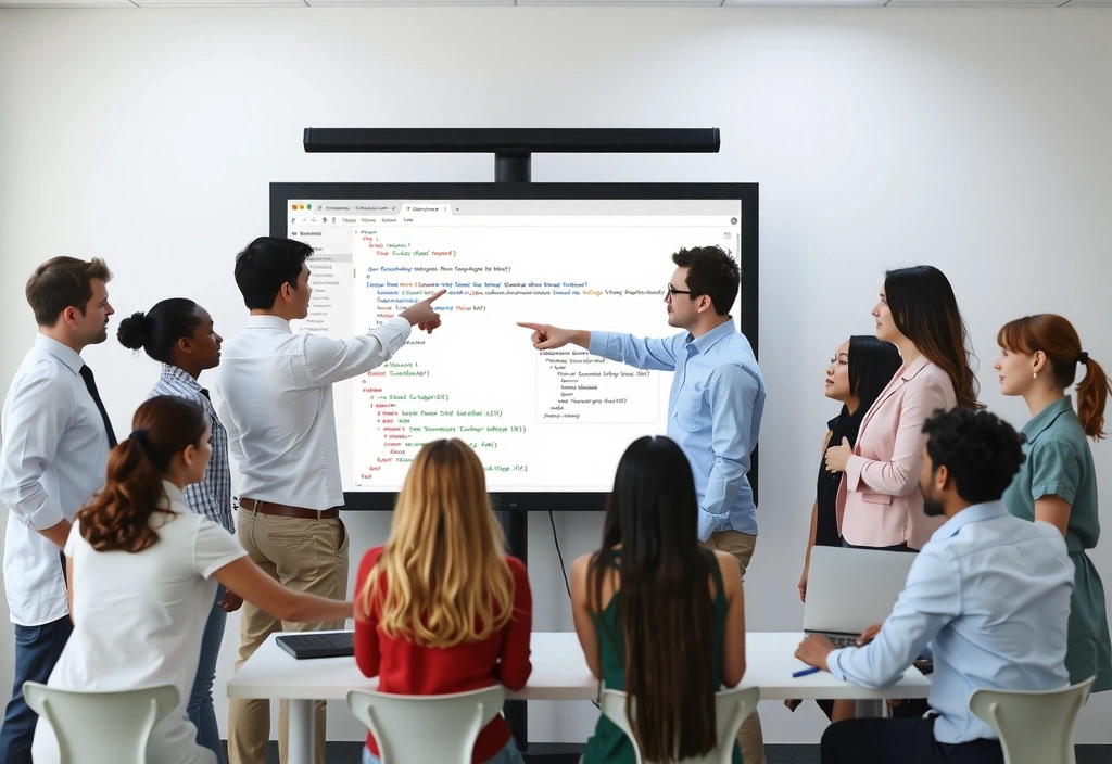 Diverse professionals and students collaborating on a data science project
