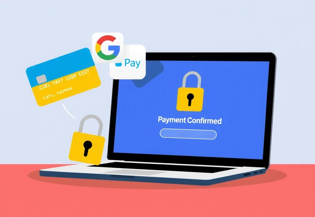 Secure online payment process with credit card and digital wallet icons