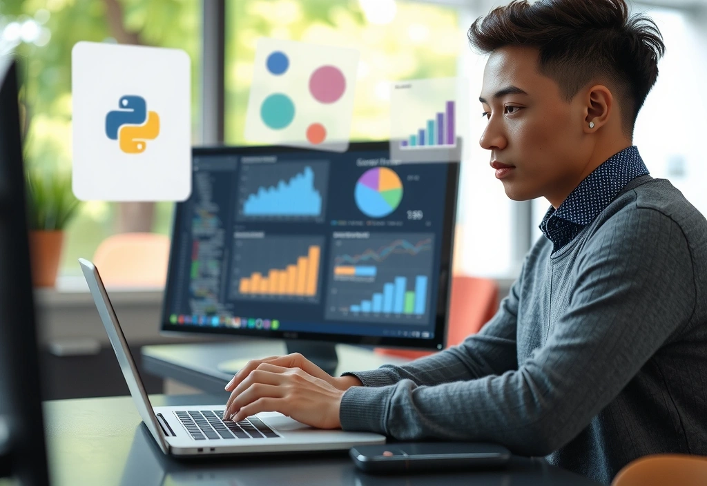 Student studying data science concepts on a laptop with charts and graphs