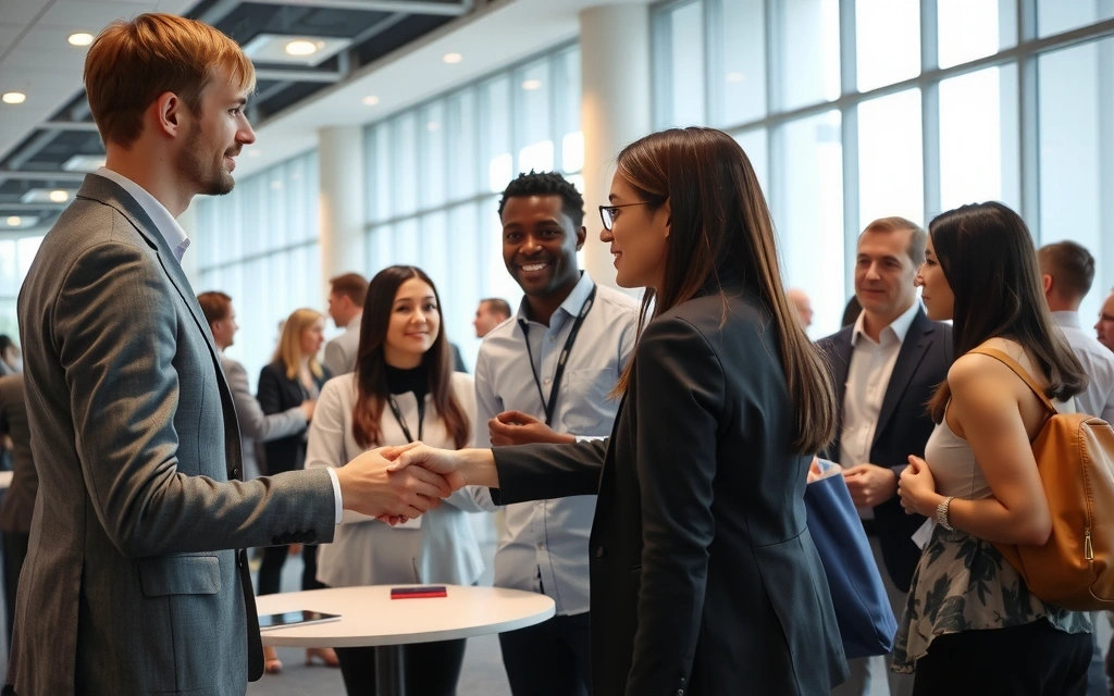 Diverse group of professionals networking at an IT conference, shaking hands and exchanging business cards.