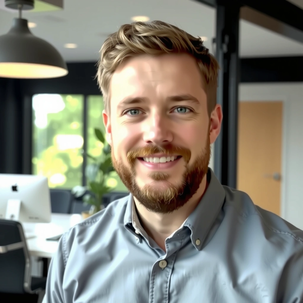 Portrait of a confident man, Mark Knudsen, in a modern tech office.