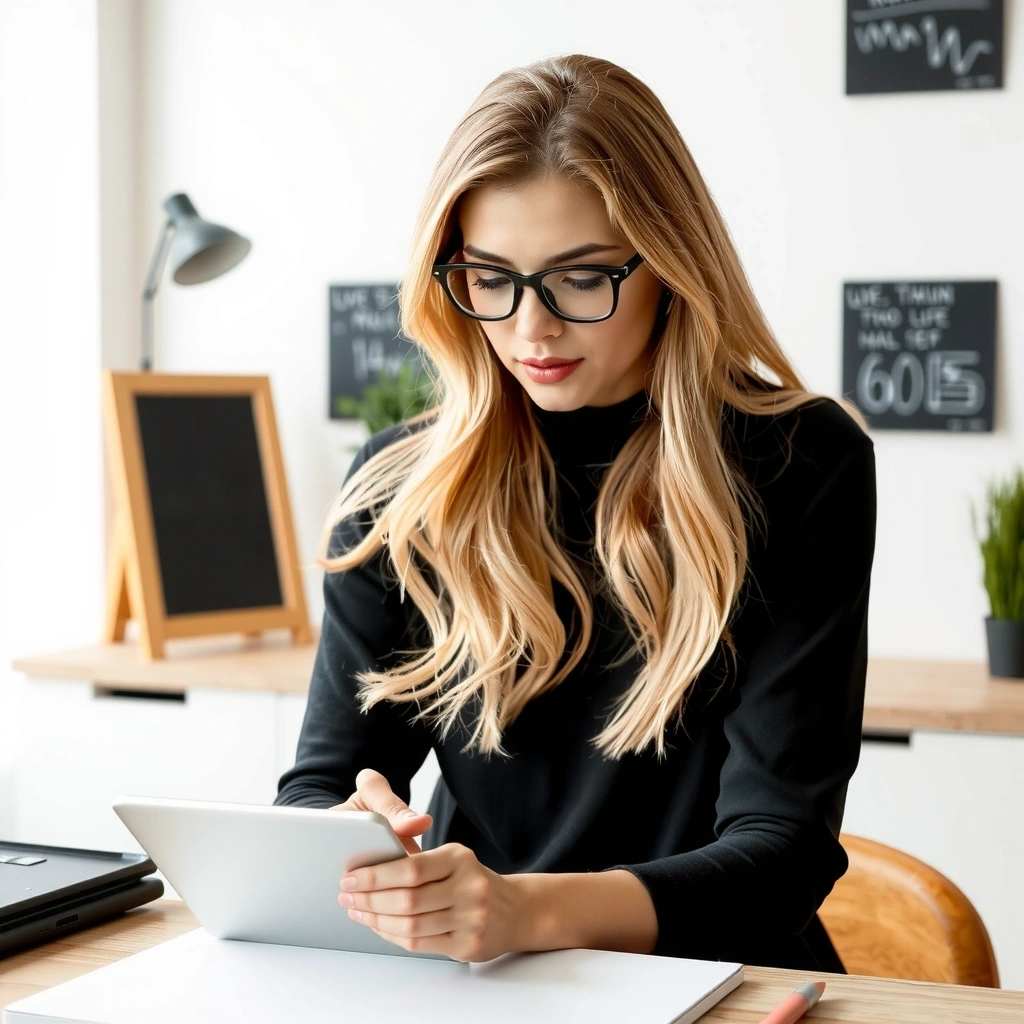 Portrait of a thoughtful woman, Lena Olsen, working on UX design.