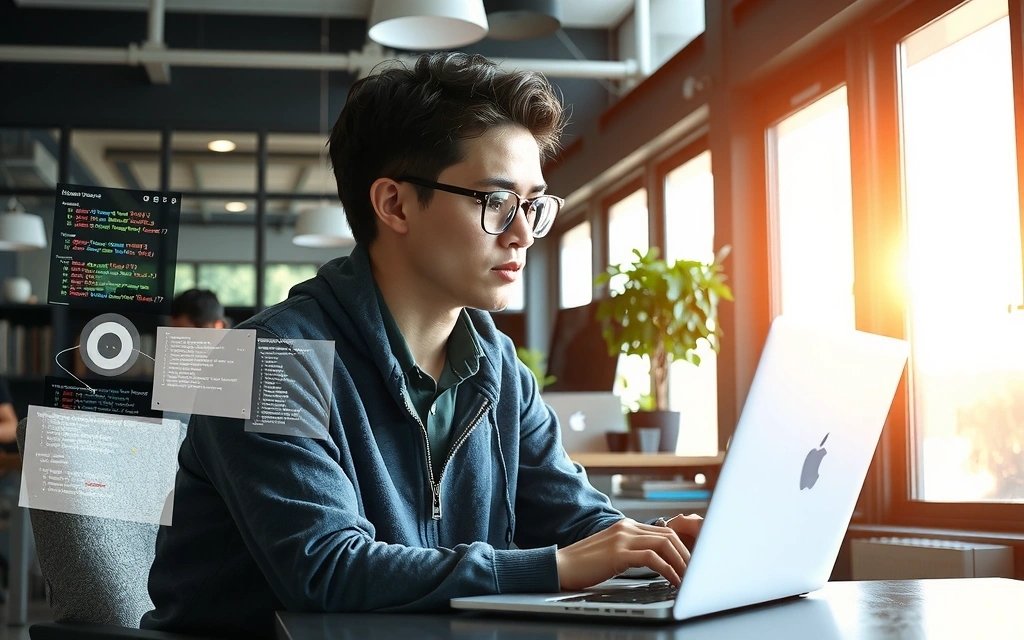 Student studying IT concepts on a laptop, surrounded by futuristic digital interfaces.