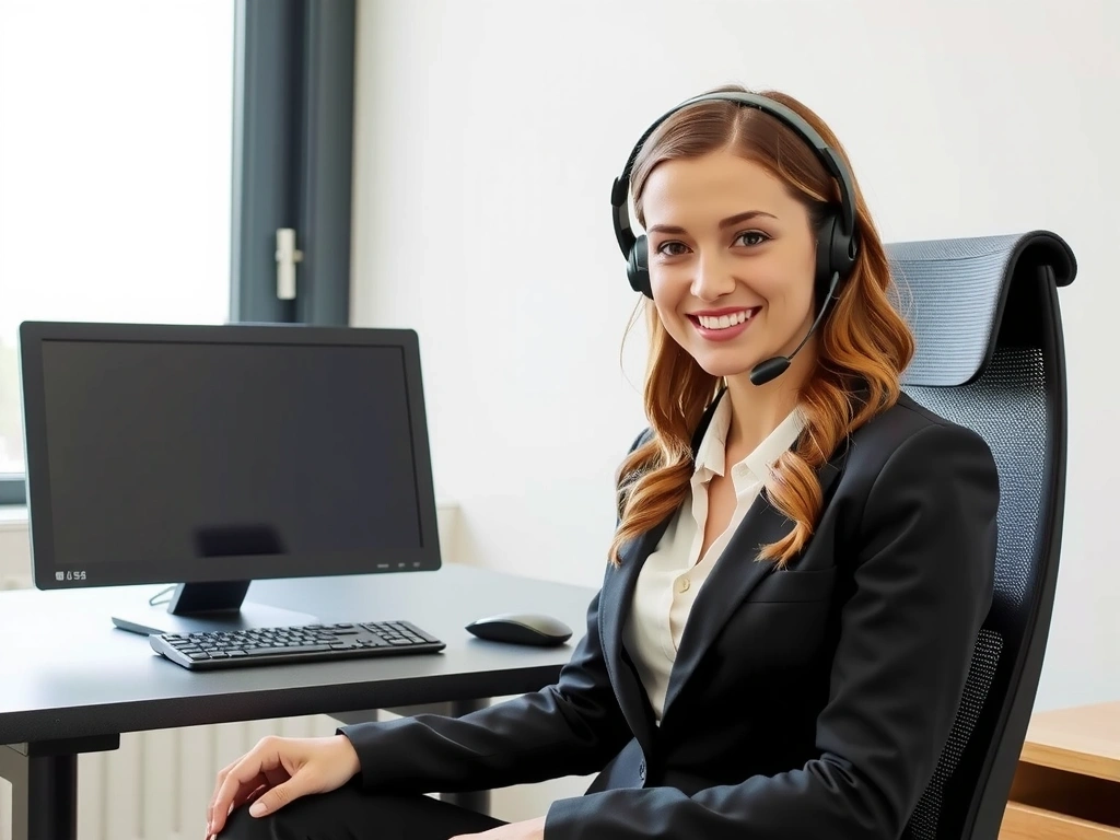 En kvinne sitter ved et skrivebord med en datamaskin, smiler og snakker i telefonen, representerer kundeservice.