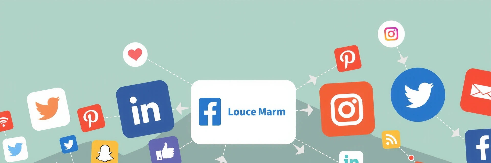 Sosiale medier ikoner som flyter rundt en sentral logo, representerer online tilstedeværelse.