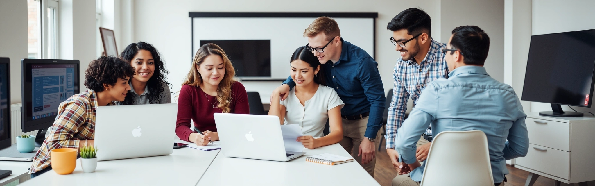 Gruppe mennesker som samarbeider og lærer i et moderne kontormiljø