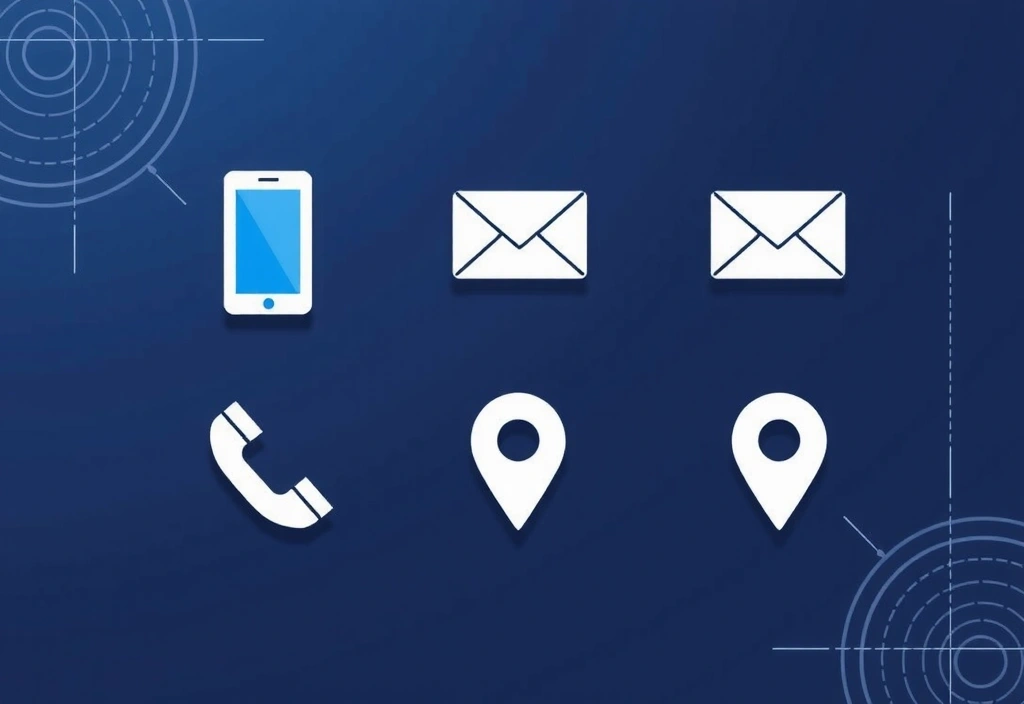 Stylized contact icons and text on a digital background